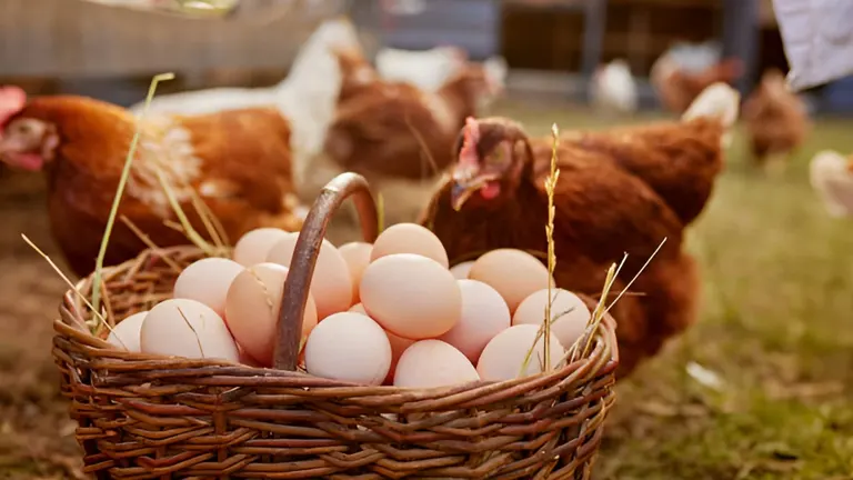 A wicker basket filled with fresh eggs, placed in a chicken coop with chickens in the background.