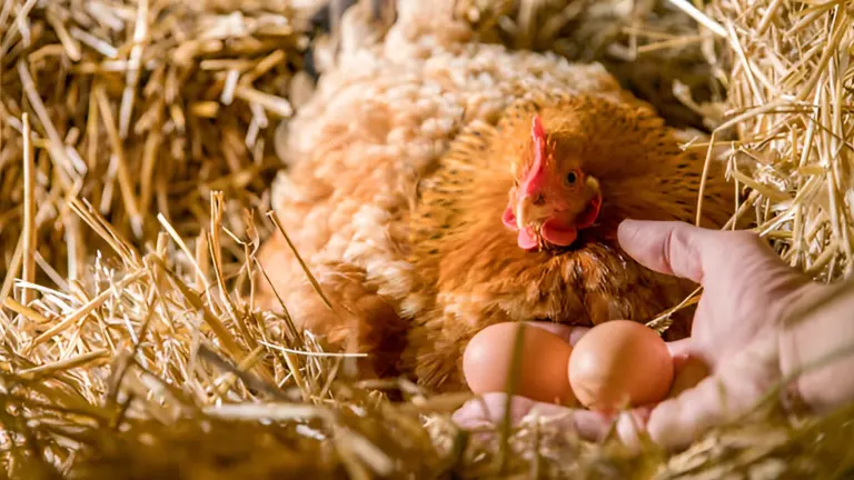 A chicken laying eggs in a straw nest, gently touched by a human hand.