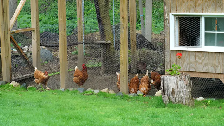 Chickens roaming in a grassy outdoor area near a wooden coop.