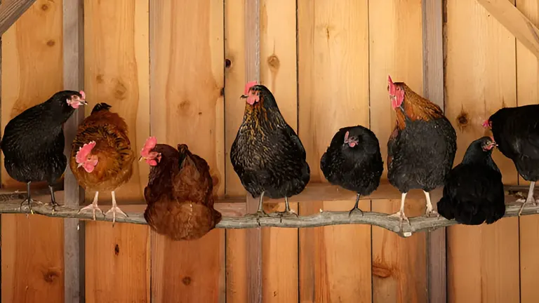 A row of various colored chickens perched on a wooden beam inside a coop.
