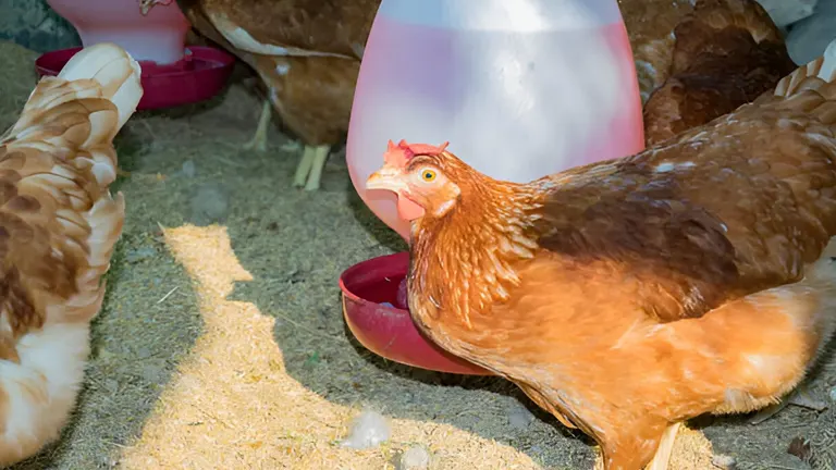 A chicken feeding from a bowl in the shade inside a coop.