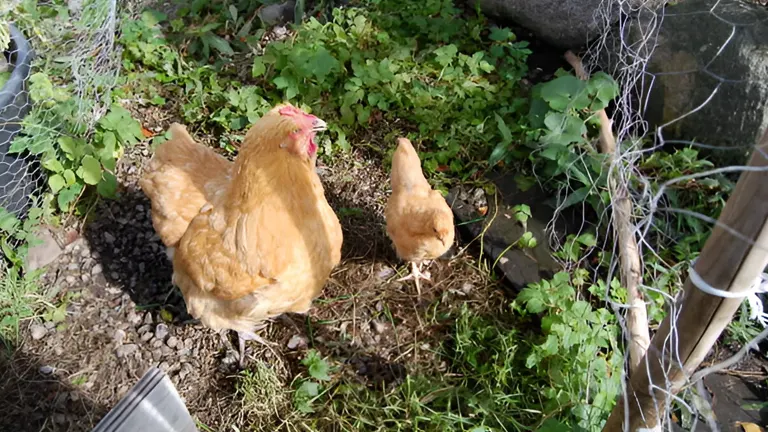 Two chickens pecking at the ground near green plants.