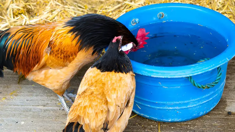 Two roosters drinking from a blue water bowl on a straw-covered floor.