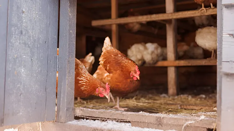 Two brown chickens stepping out of a coop into a straw-covered area.