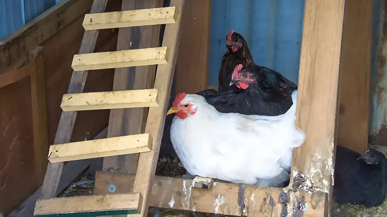 White and black chickens perched in a wooden coop with visible straw on the ground.
