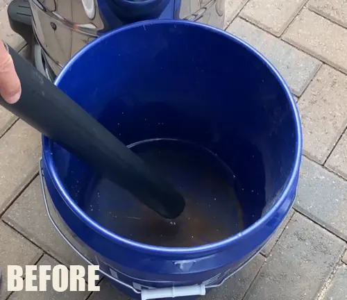 Demonstrating the suction power of the DeWalt vacuum with a "Before" image of dirty water in a bucket.
