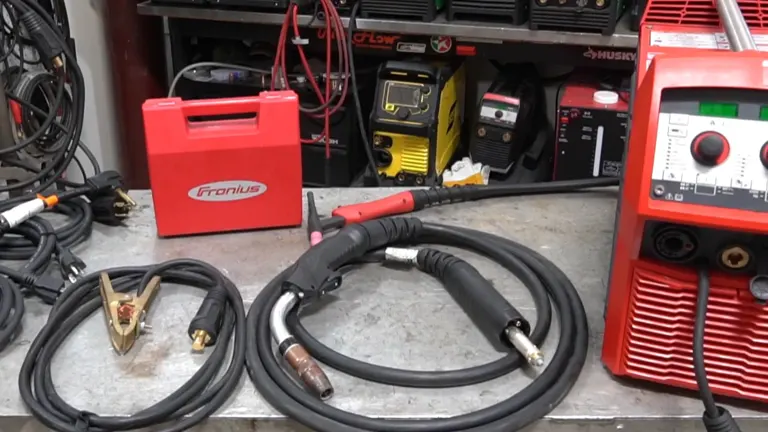 Fronius TransSteel 2200 welder displayed with its MIG torch, ground clamp, and various cables on a workshop table.