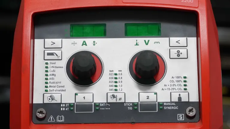 Close-up of the Fronius TransSteel 2200 welder's control panel showing settings for different metals and wire sizes.