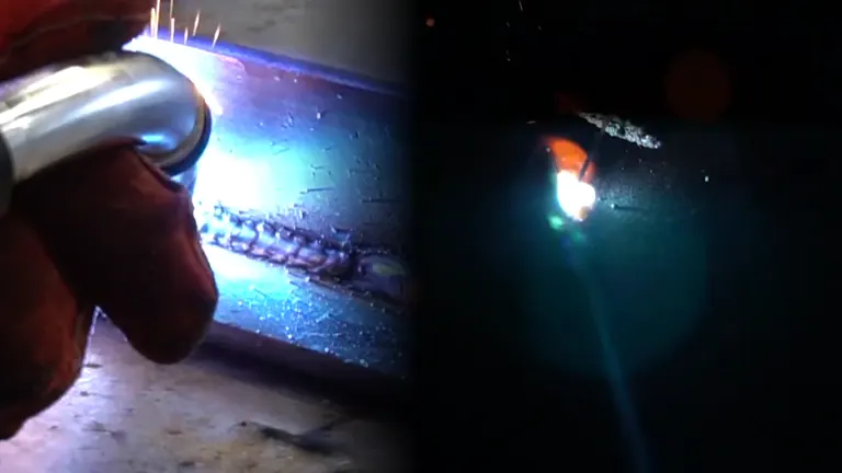 Action shot of welding using the Fronius TransSteel 2200, illustrating the weld arc and molten metal.