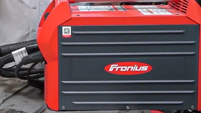 Frontal view of the Fronius TransSteel 2200 welder showing the brand logo on the machine.