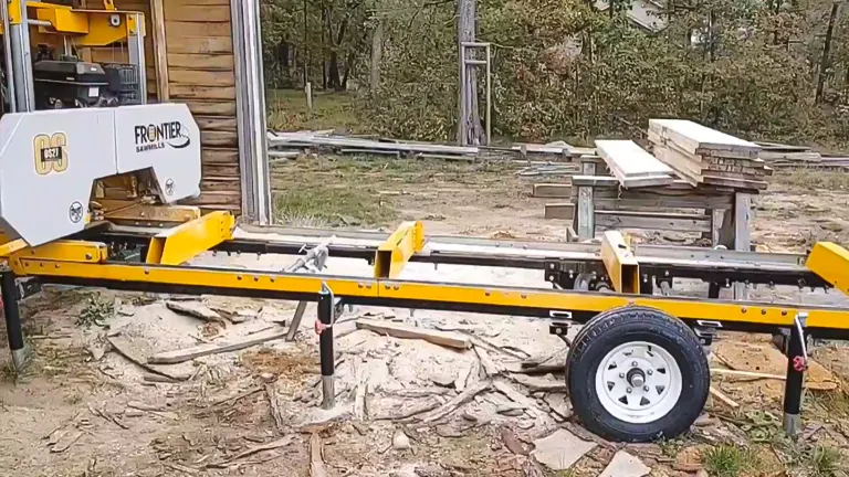 Full view of the Frontier OS27 sawmill set up outdoors with logs and planks in the background, emphasizing its portability and length.