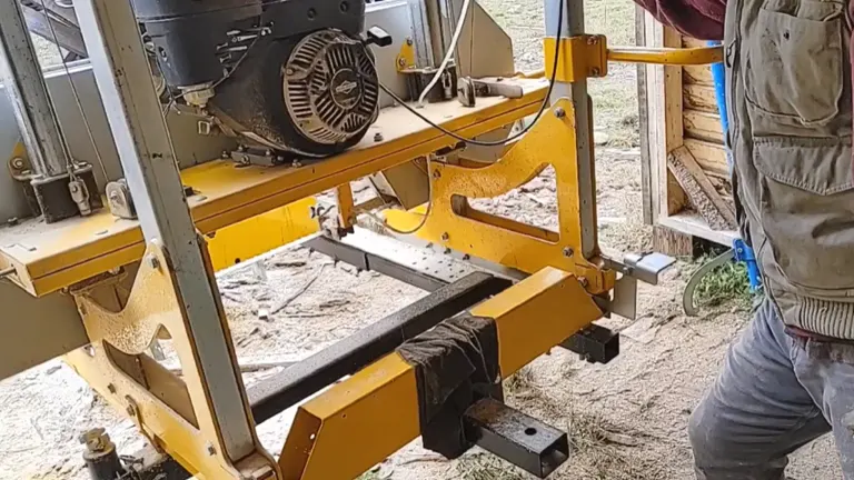 Side view of the Frontier OS27 sawmill at a work site, showing a person operating the machine and adjusting settings.