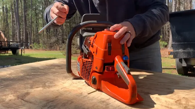 Close-up of a person adjusting a tool on the side of a Husqvarna 390 XP chainsaw.