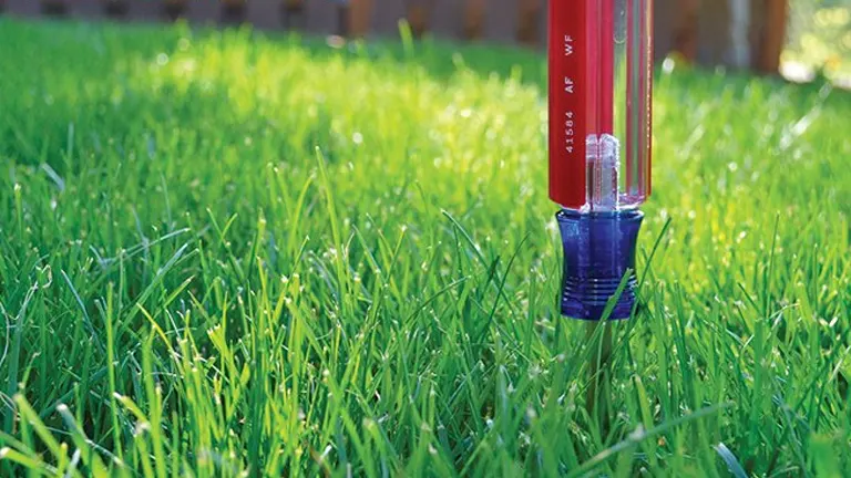 Rain gauge in lush green grass measuring rainfall.