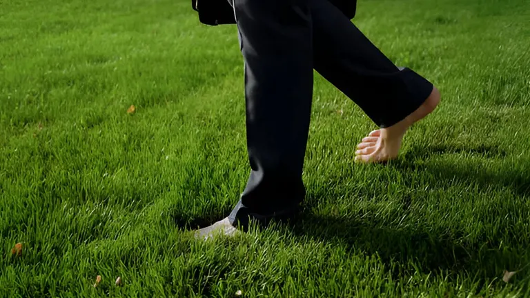 Person walking on lush green lawn, leaving footprints.