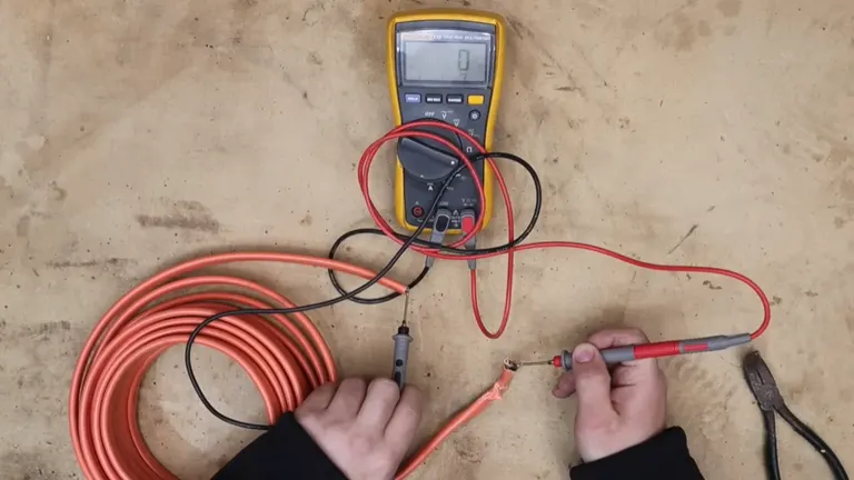 Multimeter setup on a workshop table with a red measuring cable connected, ready for an electrical test.