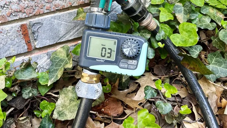 Water timer attached to a garden tap with a hose connected.