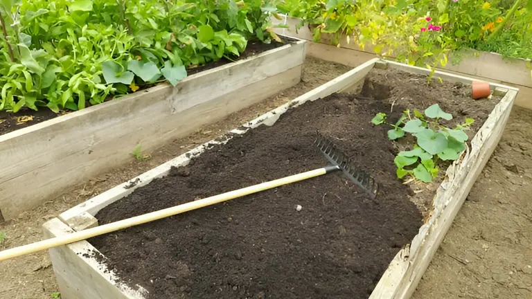 Wooden raised garden bed being prepared with soil amendments and a garden rake.
