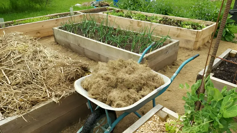 Large wooden raised bed garden filled partially with hay next to a wheelbarrow.
