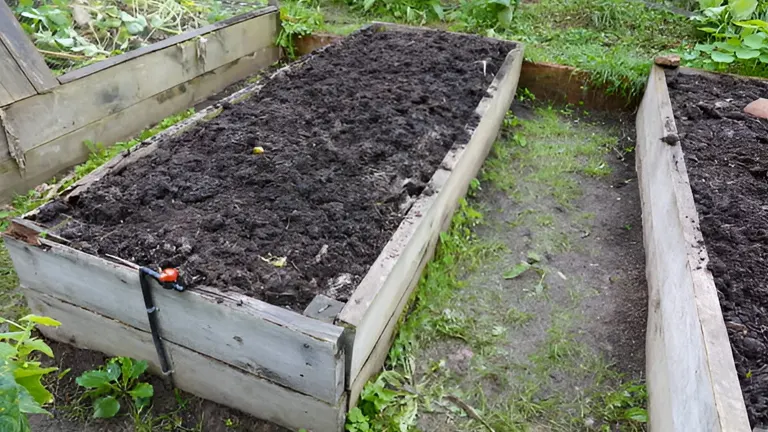 Rustic wooden raised garden beds filled with dark rich soil.
