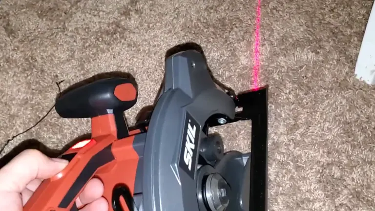SKIL Circular Saw with visible red laser guide activated on carpet.