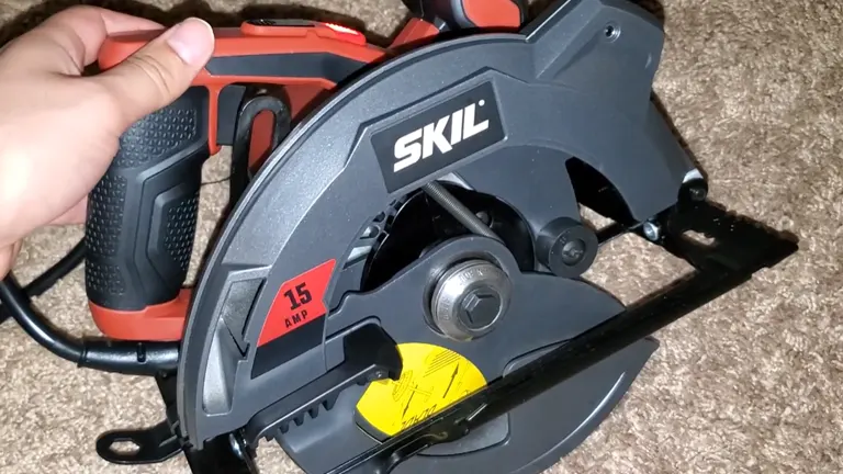 Close-up of the SKIL 5280-01 Circular Saw's adjustment settings and blade.