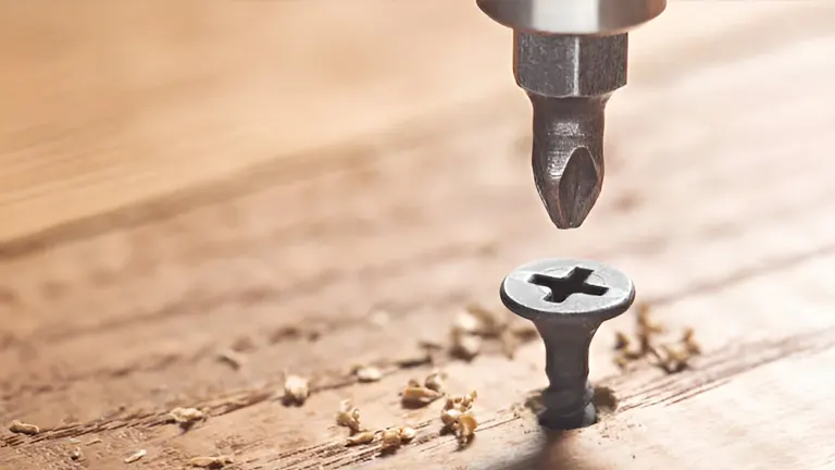 Close-up of a drill bit entering a wooden surface, wood shavings around the screw.

