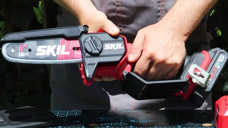 Close-up of a Skil Mini Chainsaw being adjusted by a person outdoors.
