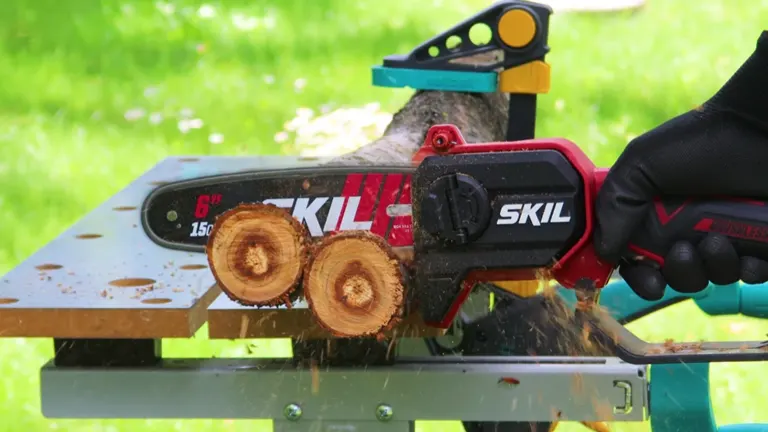 Image of Skil Mini Chainsaw cutting through logs on a workbench.

