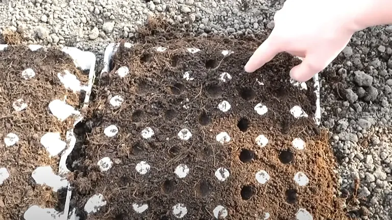 Egg tray with seedlings being placed into a prepared soil bed.