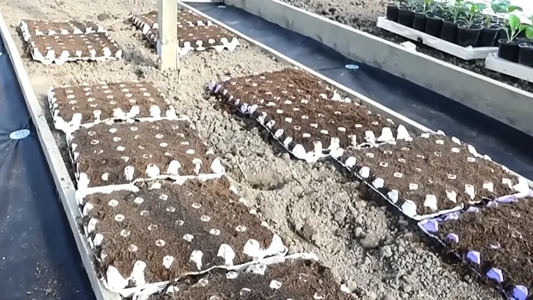 Rows of egg trays filled with soil and seeds aligned in a garden bed.