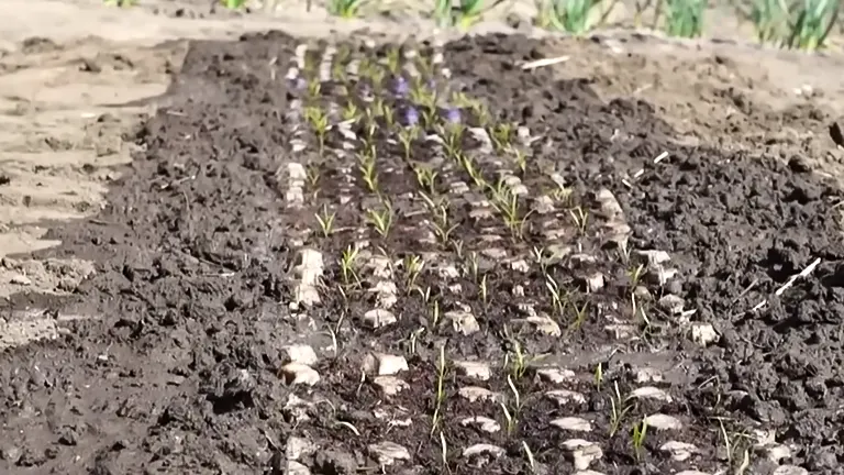 Young carrot plants sprouting in neat rows in a garden.