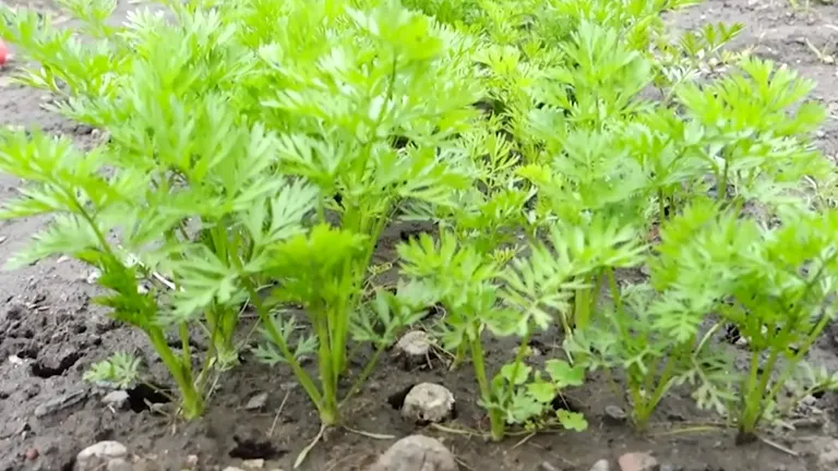 Lush green carrot tops growing densely in garden soil.