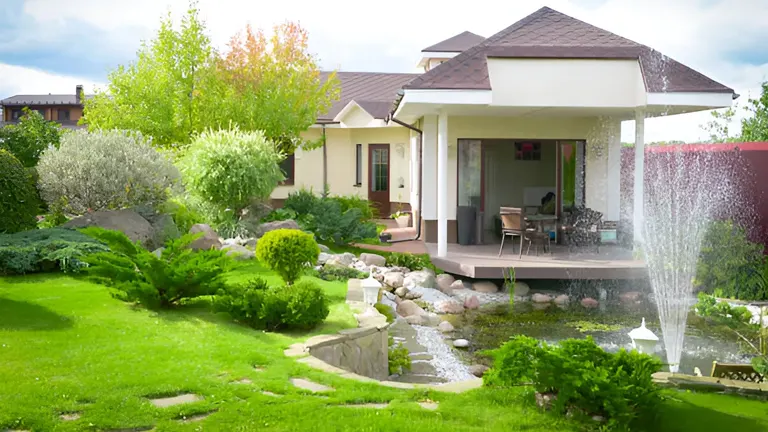 Well-manicured garden with a small pond and fountain in front of a modern house, showcasing lush greenery and rock features.