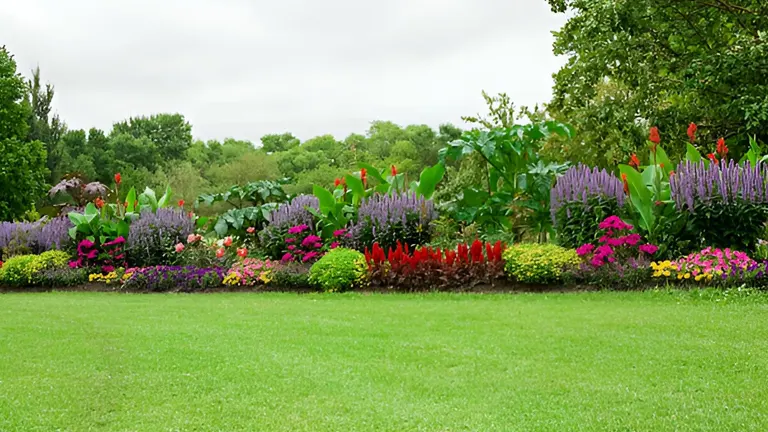 Colorful flower bed in full bloom with a variety of flowers and ornamental plants, bordered by a neatly trimmed lawn.