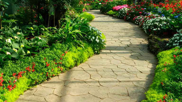 Paved garden path winding through vibrant flower beds and lush foliage, creating an inviting walkway.