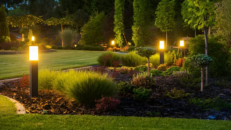 Nighttime view of a garden illuminated by pathway lights, highlighting the landscaped beds and soft garden lighting.