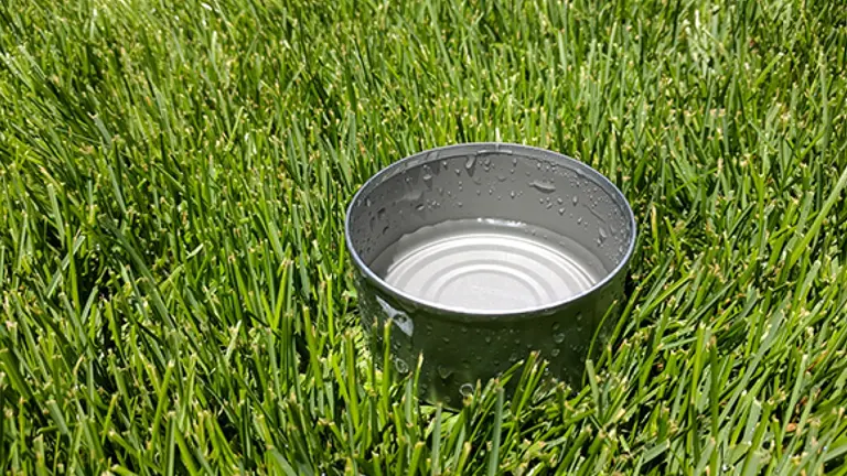 Metal tin can on a wet lawn used for measuring sprinkler output.