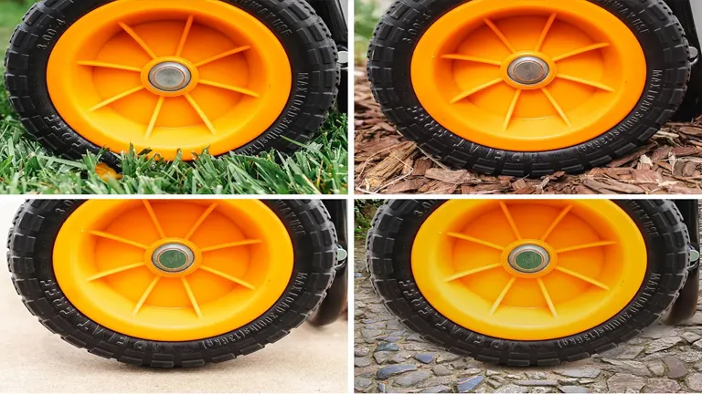 Close-up of the WORX Aerocart’s four flat-free orange wheels on different surfaces.