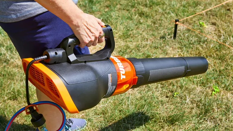 Person holding a Worx Turbine 600 electric leaf blower in a grassy yard, ready to start.