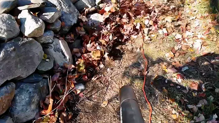 Close-up of the Worx Turbine 600 electric leaf blower placed on a rocky garden edge surrounded by autumn leaves
