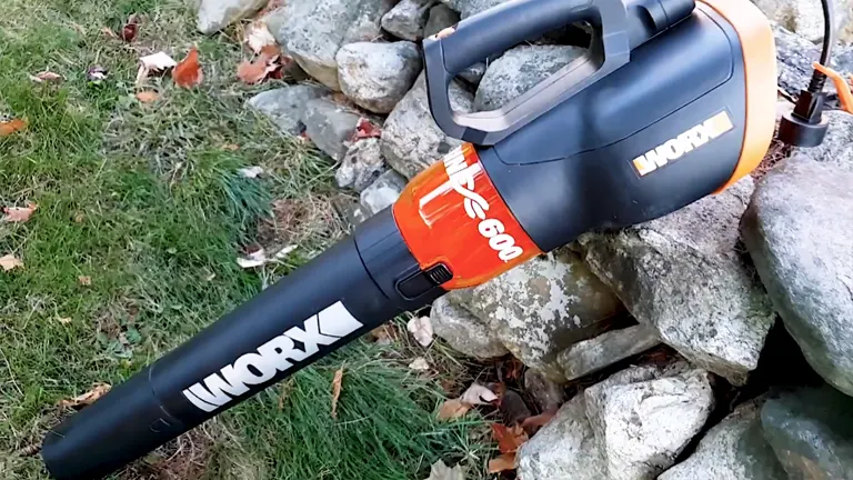 Worx Turbine 600 electric leaf blower resting on a rock in a yard, showcasing the nozzle and control handle.