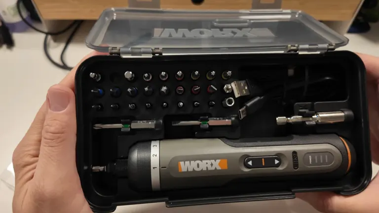 WORX electric screwdriver displayed with various bits in a compact carrying case.