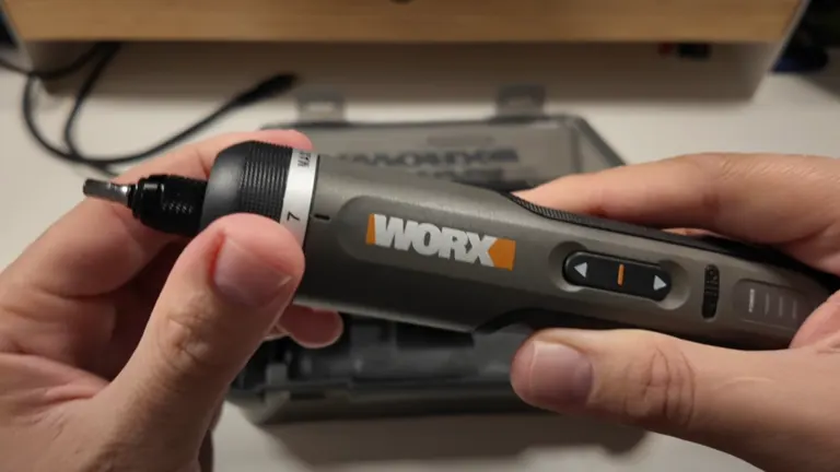 Close-up of a WORX electric screwdriver showing the torque adjustment.