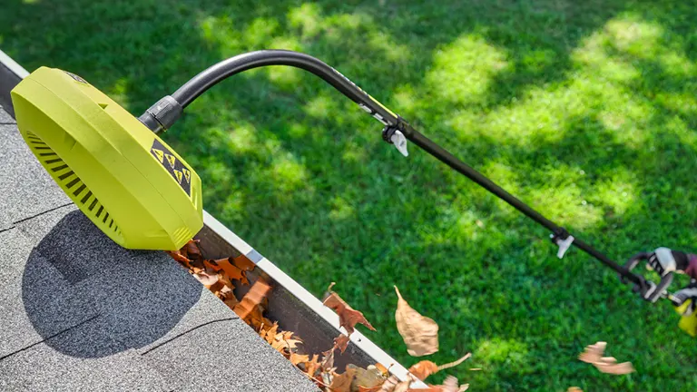 Ryobi gutter cleaner attachment in action, blowing leaves out of a house gutter.
