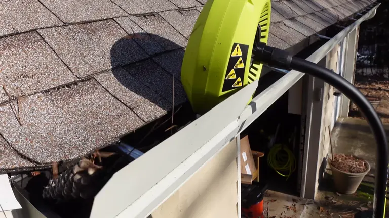 Ryobi Gutter Cleaner in action, cleaning a roof gutter filled with debris.
