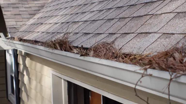 Close-up of clogged gutter filled with wet leaves and pine needles.
