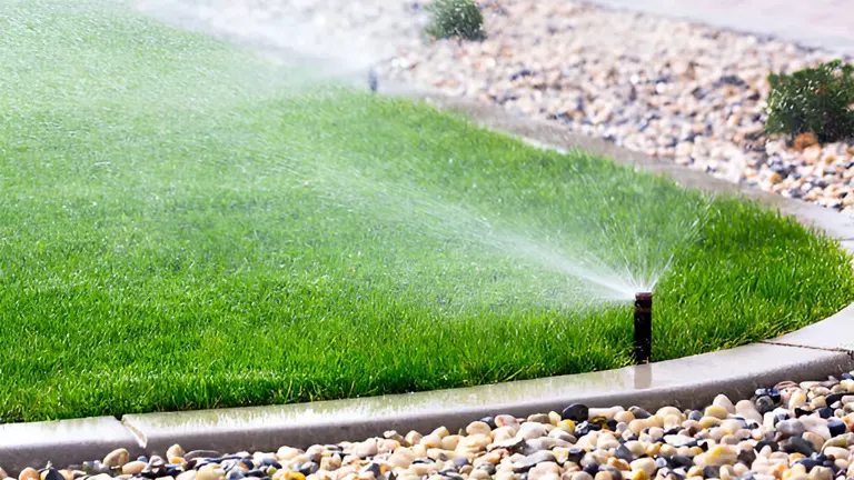 Sprinkler watering a green lawn bordered by pebbles.