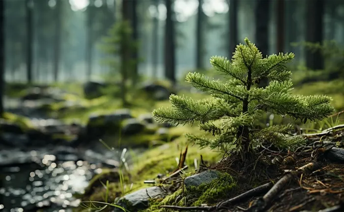 Forest Conservation A young evergreen tree in a lush forest near a stream