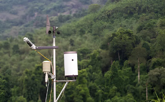 Weather monitoring equipment installed in a forest.